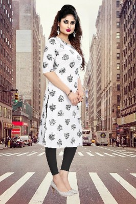 MARIDI FASHION Women Printed Straight Kurta(Black, White)