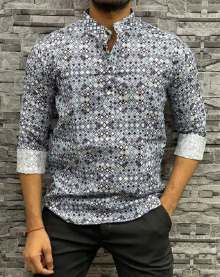 GEOKURTA Men Geometric Print Straight Kurta(Blue)