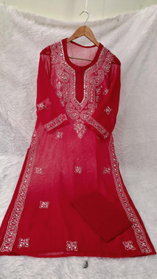 ul bmuS Women Chikan Embroidery, Embellished, Embroidered A-line Kurta(Purple)