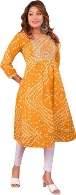 HUUHAMBAY Women Printed Flared Kurta(Yellow)