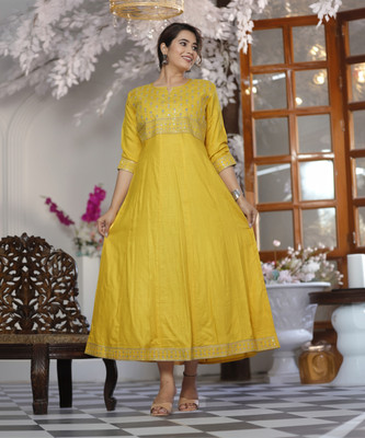 GADODIYA Women Embroidered Anarkali Kurta(Yellow)