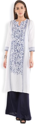 Vishudh Women Printed Straight Kurta(Dark Blue, White)