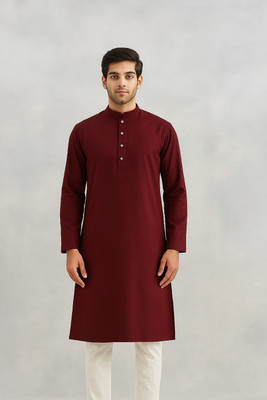 Kantha loom Men Solid A-line Kurta(Maroon)
