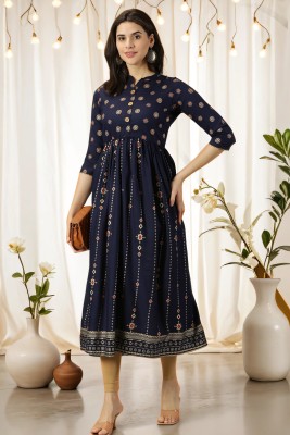 Fulera Women Printed Anarkali Kurta(Dark Blue)