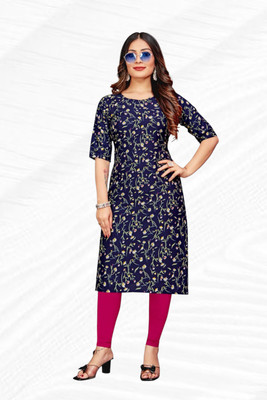 rhd Women Printed Straight Kurta(Blue)