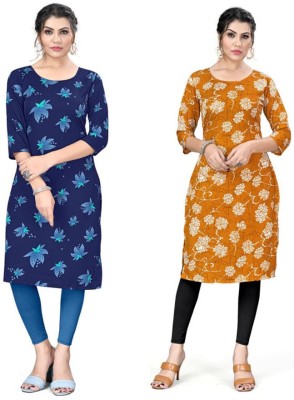 AK Fashion Women Floral Print Straight Kurta(Blue, Yellow)