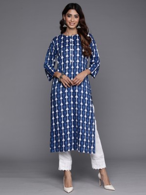 Indo Era Women Printed Straight Kurta(Dark Blue, Blue, White)