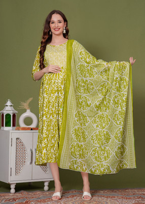 sky fab Women Printed Flared Kurta(Light Green)