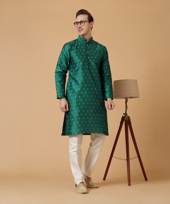 Mayra Men Woven Design Straight Kurta(Green)