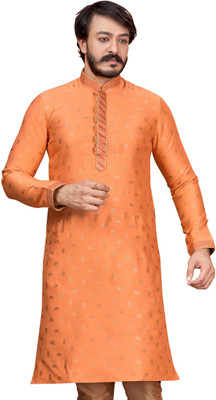 Mensfield Men Printed Straight Kurta(Orange)