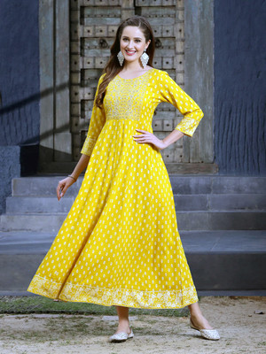 Demirner Women Embroidered Anarkali Kurta(Yellow, White)