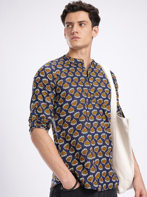 Anouk Rustic Men Floral Print Straight Kurta(Blue)