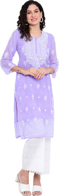 Ns Fashion Women Chikan Embroidery Straight Kurta(Purple)