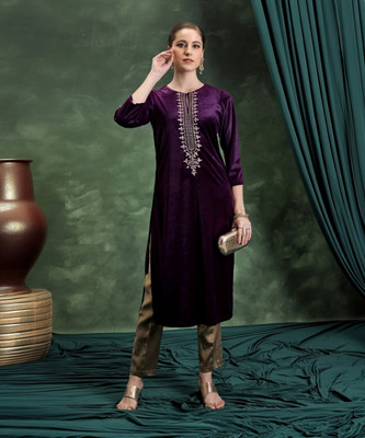 Vishudh Women Embroidered Straight Kurta(Purple, Gold)