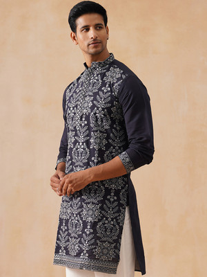 Jompers Men Embroidered Straight Kurta(Blue)