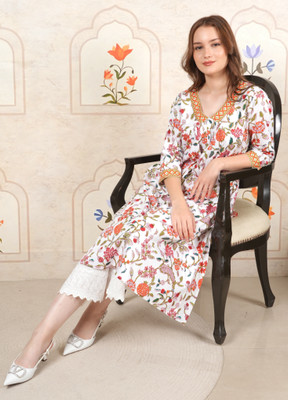 JINVARAM Women Floral Print A-line Kurta(Orange)