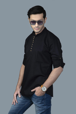 SPOQUE Men Solid Straight Kurta(Black)