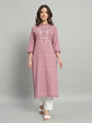 ANGITA Women Embroidered, Bandhani, Geometric Print A-line Kurta(Pink, White)