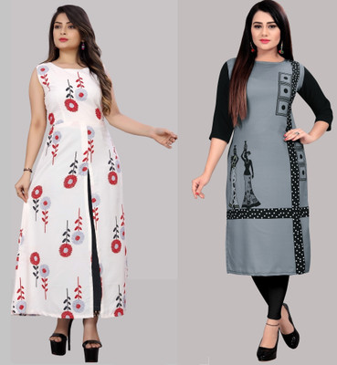 tanvi creation Women Printed Straight Kurta(Pink, White)