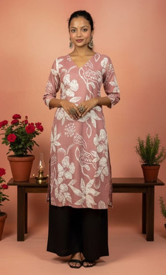 Priti Collection Women Floral Print Straight Kurta(Pink)