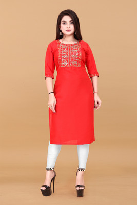 TITHIGARMENTS Women Solid, Embroidered A-line Kurta(Red)