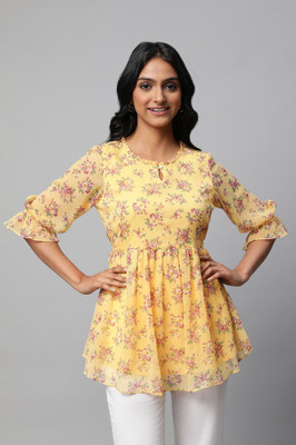 Aurelia Women Self Design Flared Kurta(Yellow)