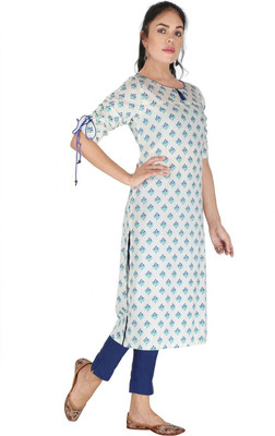 HouseOfCommon Women Printed Straight Kurta(White, Blue)