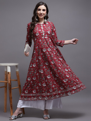 CORA Women Floral Print Flared Kurta(Maroon)