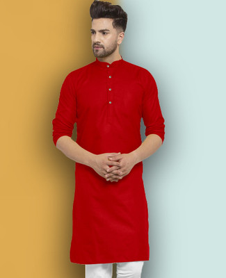 LookMakers Men Solid Straight Kurta(Red)