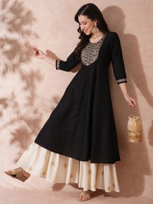 Globus Women Embroidered Anarkali Kurta(Black)