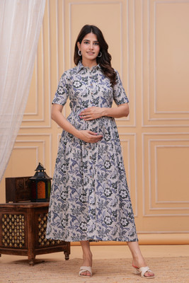 Teja Art Women Floral Print Flared Kurta(Grey)