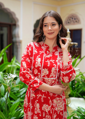 KJFAB Women Printed Straight Kurta(Red, White)