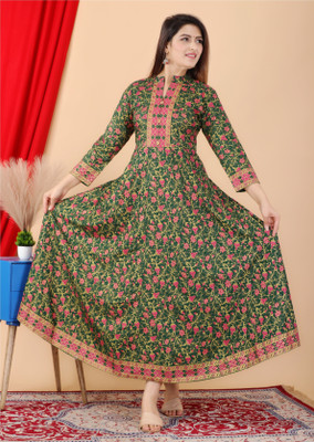 fastal look Women Printed Anarkali Kurta(Green)