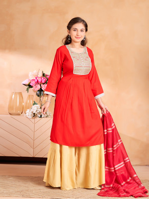 Aarika Girls Embroidered Flared Kurta(Red)
