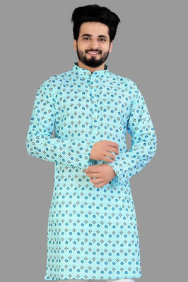 DHASU TRENDZ Men Printed Straight Kurta(Light Blue)