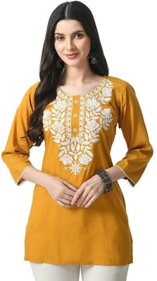 OsWorn Women Chikan Embroidery A-line Kurta(Yellow)