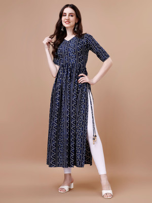 Glomee Women Bandhani Flared Kurta(Dark Blue)