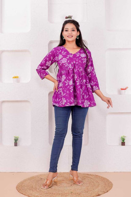 ARZOO Women Floral Print Flared Kurta(Purple)
