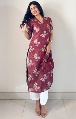 Sun Fashion And Lifestyle Women Floral Print Straight Kurta(Maroon)