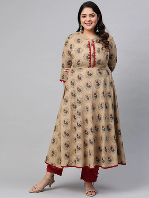 AKIKO Women Floral Print Anarkali Kurta(Beige)