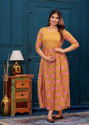 GUNINI Women Printed Gown Kurta(Pink)