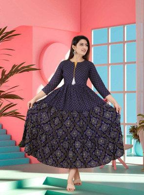 Damsel Women Printed Anarkali Kurta(Dark Blue)