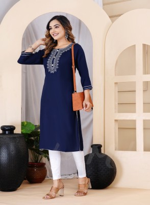 Lee Moda Women Embroidered Straight Kurta(Blue)