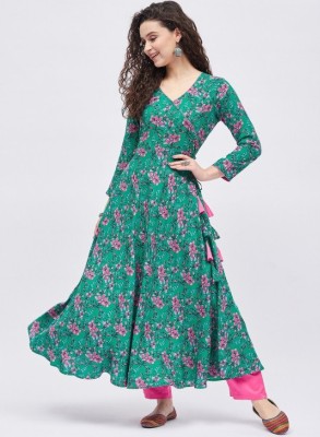 AKSONI Women Printed Anarkali Kurta(Green)