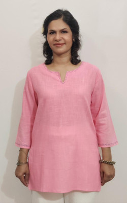 bees and trees Women Solid Straight Kurta(Pink)