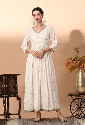 Anmi Striped Women Anarkali Kurta(White)