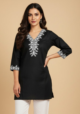 NAJ TEXTILE Women Embroidered A-line Kurta(Black, White)