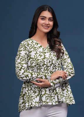Pingaksh Women Printed Straight Kurta(Green)