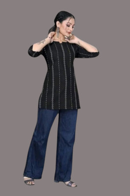 Rangrasiya Women Striped A-line Kurta(Black)