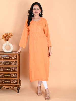 Nazaira Women Chikan Embroidery, Embroidered Straight Kurta(Orange)